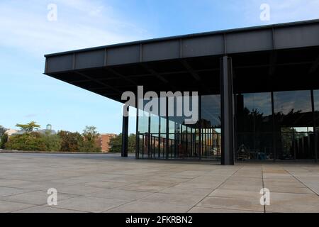 Glass adn metal museum building. Neue Nationalgalerie (New National Gallery) at the Kulturforum by Mies van der Rohe in Berlin, Germany Stock Photo