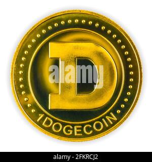 Dogecoin isolated on a white background, physical golden coin of cryptocurrency, close-up view Stock Photo