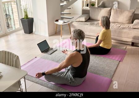 Senior couple meditating doing virtual yoga poses watching online class at home. Stock Photo