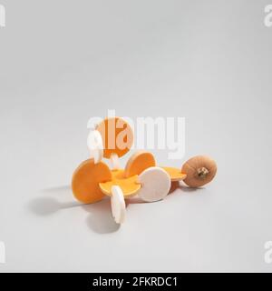 Abstract composition made of sliced butternut squash and white radish isolated on grey background. Square layout with copy space Stock Photo