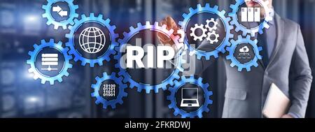 RIP. Businessman pressing virtual screen Routing Information Protocol. Technology networks concept. Stock Photo