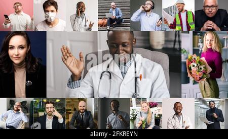 Computer webcam screen full frame view, multiracial young business people involved in group online video conference, telehealth with black doctor Stock Photo