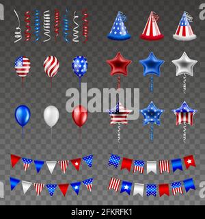 Set of american independence day party elements. 4th of july isolated streamers, hats, balloons and pennants Stock Vector
