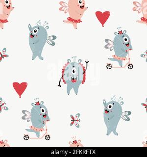 Seamless pattern with cute monsters. Fantastic funny characters - a girl on a scooter With red balloons and a boy with wings on a light gray backgroun Stock Vector