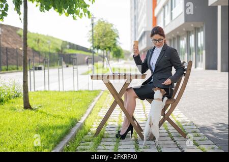 Business woman works on a laptop plays with a puppy of Jack Russell Terrier in a summer cafe. A small dog stands on its hind paws and begs for ice Stock Photo