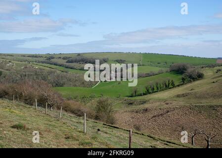 A view of Saddlescombe Farm and the valley from the top of Devils Dyke in Sussex, England, UK Stock Photo