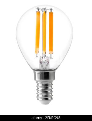 Energy efficient led filament Light Bulb Glowing isolated on white background. Stock Photo