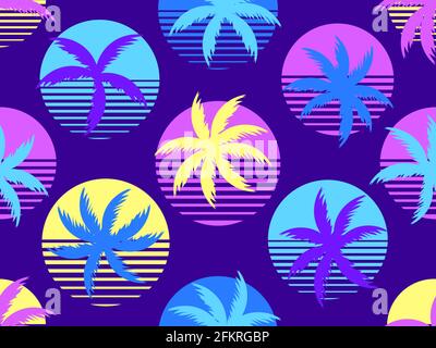 Palm tree and sun 80s style seamless pattern. Retro futuristic sun with palm leaves. Summer time. Synthwave and retrowave style. Vector illustration Stock Vector