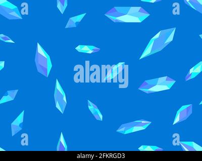 Crystals seamless pattern. Gems isolated on blue background. Raw minerals. Background for advertising products, wraps and banners. Vector illustration Stock Vector