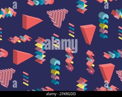 Geometric seamless pattern in memphis style with 3d geometric shapes. Isometric geometry in the style of the 80s for promotional products, wrapping pa Stock Vector