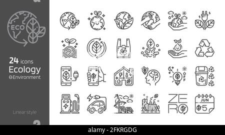 Ecology linear style icon set. Safe earth,water,energy,renewable concept environment day and earth day. Eco friendly design vector illustration. Stock Vector
