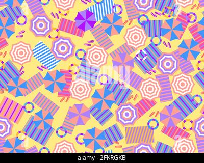 Beach seamless pattern, top view for towels and umbrellas, lifebuoys and beach slippers. Summer beach background in flat style. Vector illustration Stock Vector