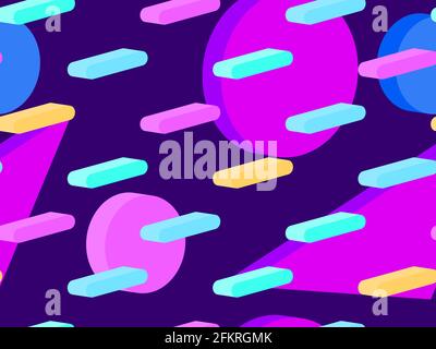 Memphis seamless pattern with 3d isometric geometric shapes in the style of the 80s. Background for promotional products, wrapping paper and printing. Stock Vector