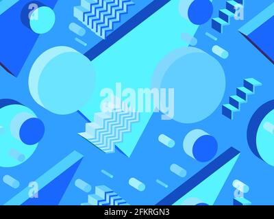 Memphis seamless pattern with 3d isometric geometric shapes in the style of the 80s. Background for promotional products, wrapping paper and printing. Stock Vector