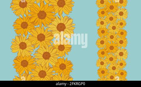Vector vertical seamless border with yellow sunflowers with bronze outline on powder blue background. Digital art. Decorative print for wallpaper, wrapping, textile, fabric, label design. Stock Vector