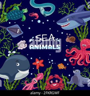 Sea plants animals funny underwater life square frame with smiling octopus fish shark whale dark background vector illustration Stock Vector
