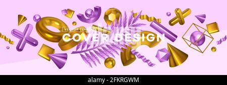 Geometric shapes trendy objects header cover realistic horizontal banner with golden violet cross cone palm leaf vector illustration Stock Vector