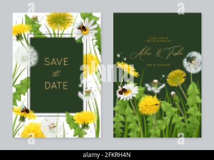 Realistic dandelions vertical posters set with ornate text frames and images of natural flowers with leaves vector illustration Stock Vector