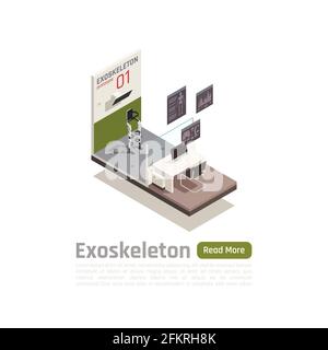 Medical exoskeleton isometric composition with test prototype representing in science laboratory vector illustration Stock Vector