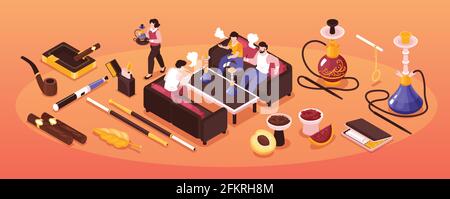 Isometric hookah tobacco smoke narrow composition with group of people smoking shisha and cigarette products icons vector illustration Stock Vector
