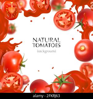 Realistic frame with natural whole and sliced tomatoes and juice splashes on white background vector illustration Stock Vector