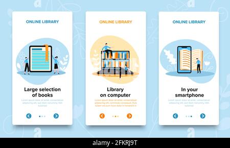 Online library vertical banners set with editable text page switch buttons with arrows and doodle images vector illustration Stock Vector