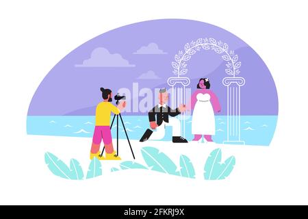 Photo session wedding flat composition with human characters of newly wedded couple taking photo near landmark vector illustration Stock Vector