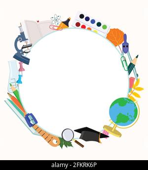 Round postcard with school supplies. School concept. Vector illustration Stock Vector