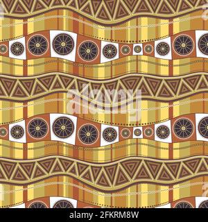 Wavy lines with an ornament on a background of vertical multi-colored stripes. Seamless pattern in brown-ocher colors. Stock Vector