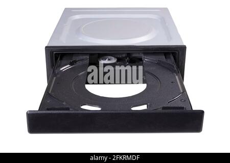 An empty CD reader tray is open. Computer accessories for recording and reading computer data. Isolated background. Stock Photo