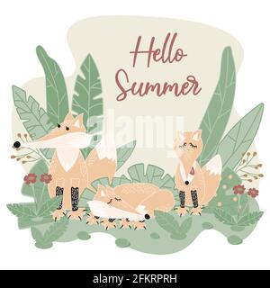 A family of wild foxes that live in the forest. Male and female foxes with a cub on the green grass and the inscription Hello Summer. Forest animals. Stock Vector