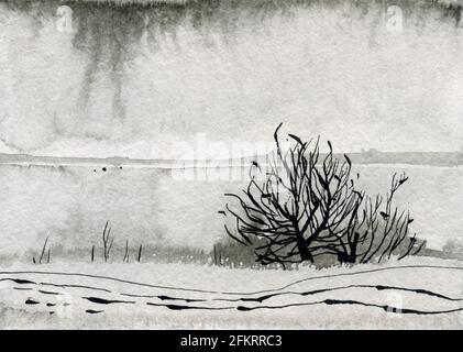 Winter background, landscape. Watercolor hand drawn illustration Stock ...