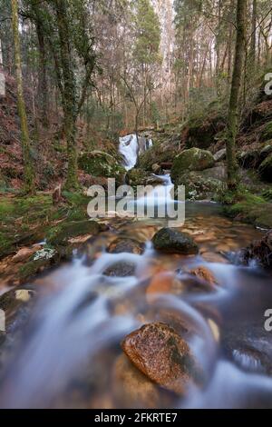 Cascades of fast-flowing streams on the Rio de la Fraga in Galicia, Spain Stock Photo