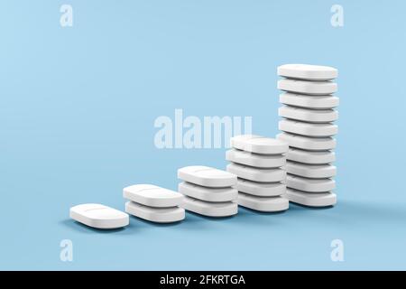 Overmedication concept. A rising number of tablets stacked onto each other. Stock Photo