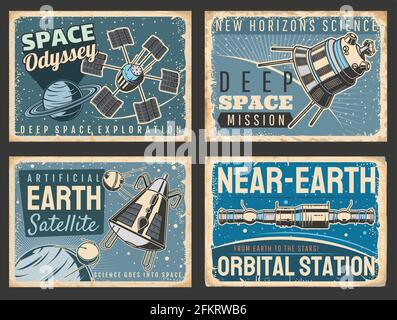 Outer space and galaxy research vector retro posters. Satellites and near Earth orbital station in universe with stars and planets. Galaxy, deep Space Stock Vector