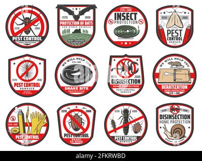 Pest control icons, disinfection, extermination and deratization service, vector signs. Insects and rodents pest control, home disinfestation from rat Stock Vector