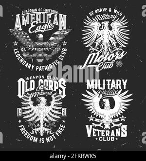 Tshirt prints with eagle, vector mascot for patriotic military club apparel design. T shirt prints with typography on black grunge background. Emblems Stock Vector