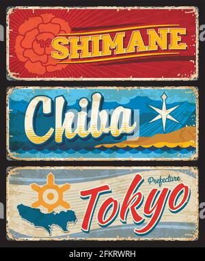 Shimane, Chiba, Tokyo tin plates, Japan prefecture grunge vector signs. Japanese region retro signs, asian travel memories vintage plates with peony f Stock Vector