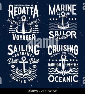 Tshirt prints with anchors and sea waves, apparel vector design. Isolated armature labels with typography for marine club, regatta, sailing academy t Stock Vector