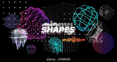 Modern trendy shapes with glitch effect. 3D Universal elements in concept cyberpunk, retro futurism, vaporwave. Abstract digital forms patterns, logo Stock Vector