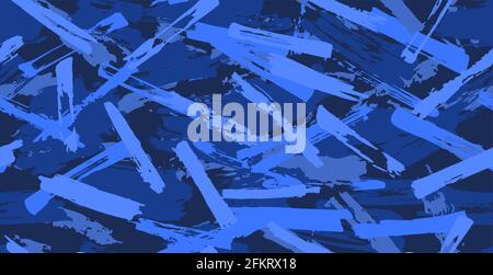 Blue Seamless camouflage pattern of brush strokes, perfect for clothes. Shades of blue. Artwork grunge pattern. Seamless camouflage of grunge strokes Stock Vector
