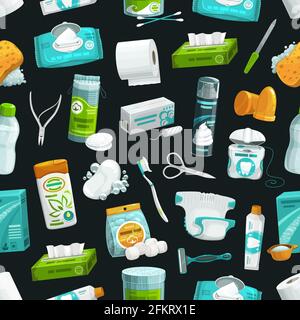 Personal care, hygiene and health pattern, seamless vector background. Personal care, hygiene and body health items of bathroom soap, toothpaste, bath Stock Vector