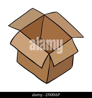 Cartoon vector illustration of open empty parcel box. Colored and black outlines. Stock Vector