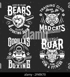Tshirt prints with bear, boar, mad cat and gorilla vector mascots for sports team uniform apparel design. Isolated labels with wild animals and typogr Stock Vector