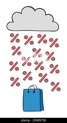 Cartoon vector illustration of shopping bag, cloud and discount rain. Colored and black outlines. Stock Vector