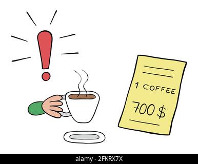 Cartoon vector illustration of a coffee drinker and a restaurant with a very high price. Colored and black outlines. Stock Vector