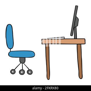 Cartoon vector illustration of desk with chair, monitor and computer. Colored and black outlines. Stock Vector