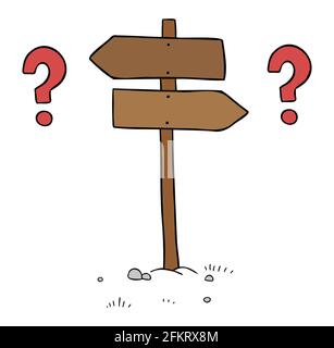Cartoon vector illustration of wooden road sign. inability to make decisions about the left and right sides. Colored and black outlines. Stock Vector