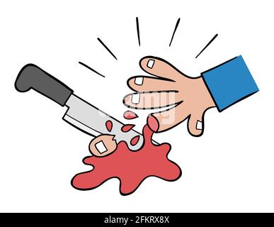Cartoon vector illustration of cut the finger with a knife. Colored and black outlines. Stock Vector