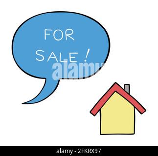 Cartoon vector illustration of house for sale. Colored and black outlines. Stock Vector
